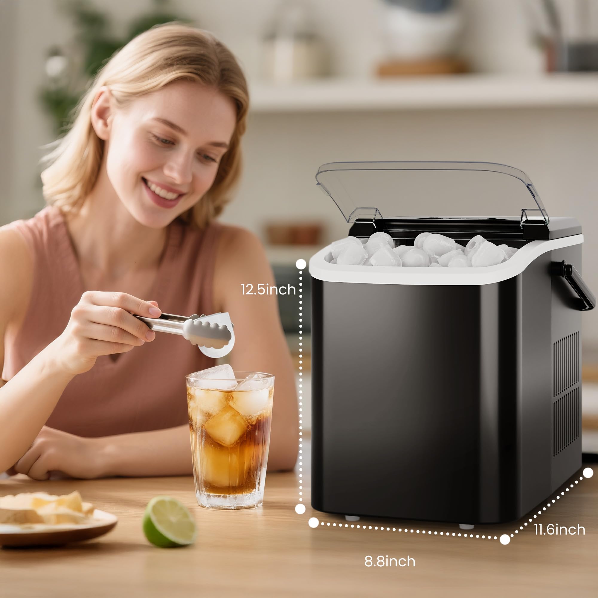 DUMOS Countertop Ice Maker with Handle, 26lbs/24H Portable Ice Machine | 9 Bullet Cubes Ready in 6 Mins, Self-Cleaning, Quiet Compact for Home, Kitchen, RV, Camping, Bright Black