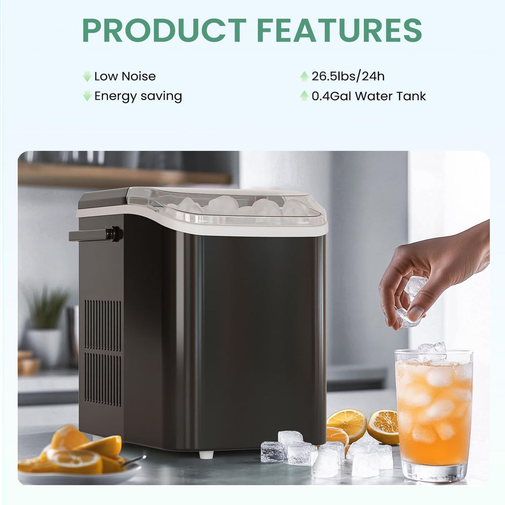 Ice Makers Countertop, Portable Ice Machine with Handle, 6 Mins 9 Bullet Cubes with Basket and Scoop, 26lbs in 24Hrs, Auto-Cleaning, for Home, Kitchen, RV, Camping, Green