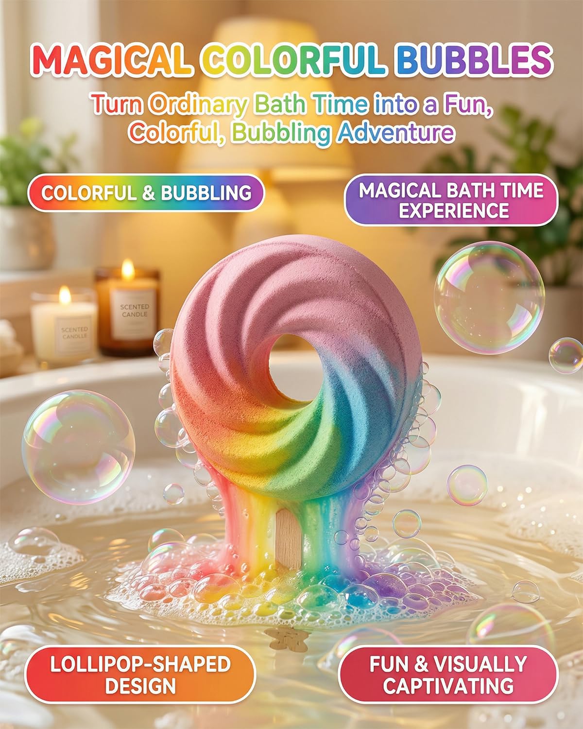 Cute Lollipop Bath Bomb – Colorful Bubble Bath Ball for Fun Baths Time Bubbly Splash Surprise Buddies Foaming Magic Baths Bombs Lollipop Toys Balls Surprise Foam Blow Bubbles Gift Bathroom (2pcs)