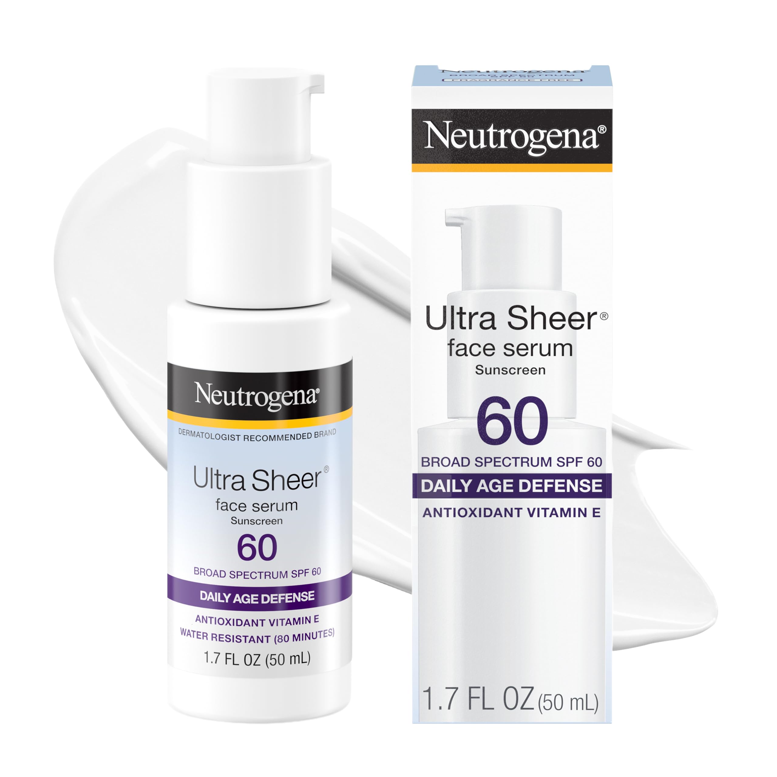 Neutrogena, Ultra Sheer Face Sunscreen with Vitamin E and SPF 60, Sunscreen for Face with Broad Spectrum Uva/Uvb Protection, Fragrance-Free, Oxybenzone-Free, Water-Resistant (80 minutes), 50.3 mL