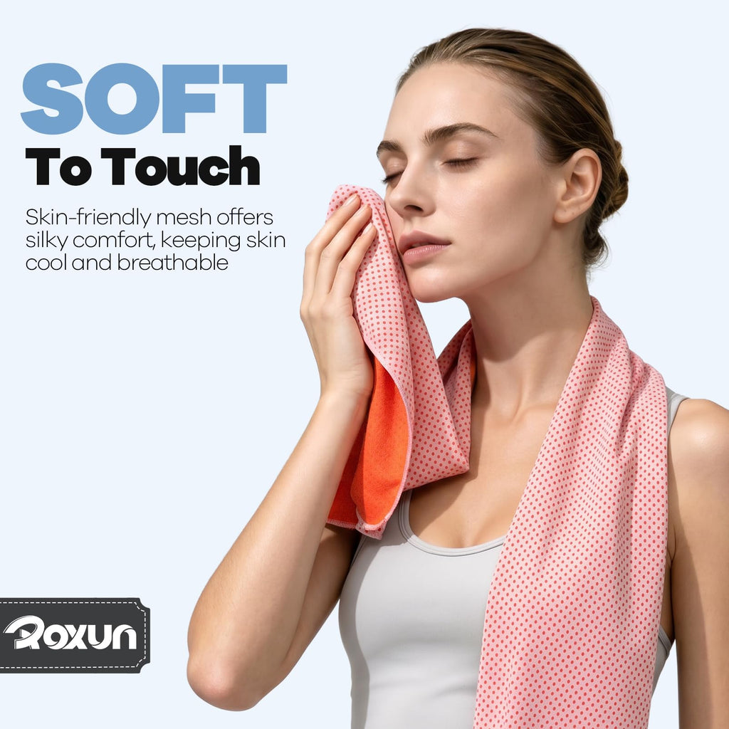 ROXUN Cooling Towels, 4 Pack (40''x12'') Chilly Ice Rags for Neck and Face | Gray+Blue+Green+Black, Soft Breathable, Sports and Outdoor Workouts, Comes with Storage Bags & Carabiners