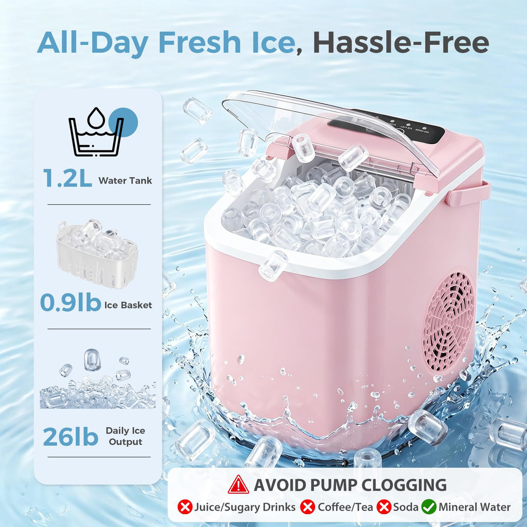 Countertop Ice Maker, Portable Ice Machine with Carry Handle Basket and Scoop, 9 Bullet Cubes Ready in 6 Mins, 26lbs Daily, Self-Cleaning for Home, Kitchen, Camping, RV
