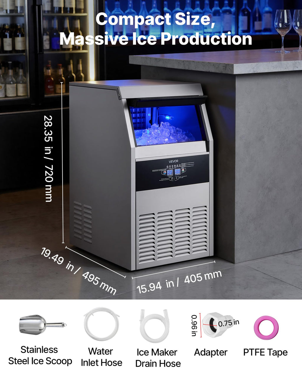 VEVOR Commercial Ice Maker Machine, 80 lbs/24h with 13 lbs Storage Capacity, Countertop/Freestanding/Under Counter, Stainless Steel Ice Maker with LED Display & Self-Cleaning, for Home Bar Restaurant