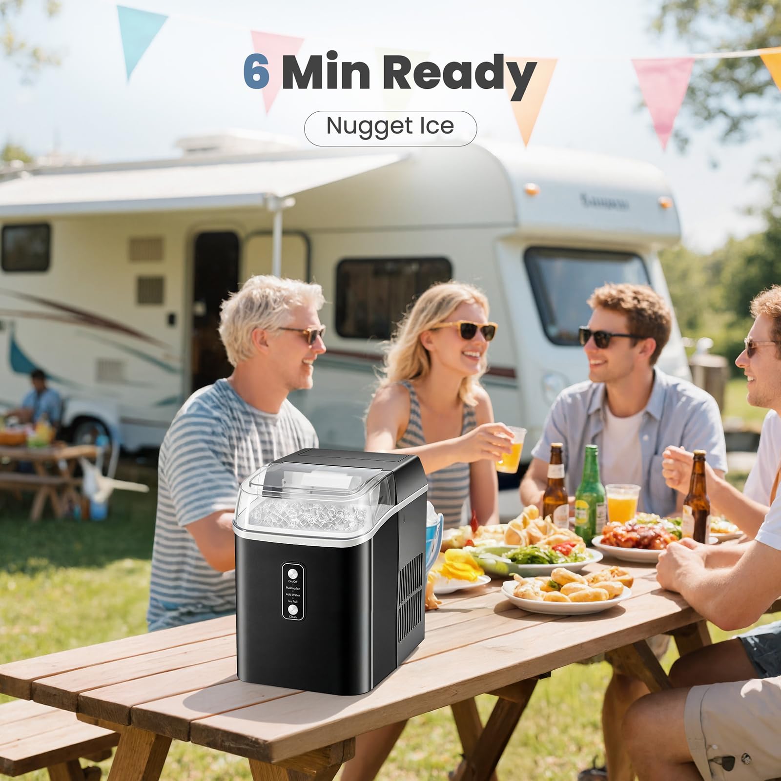DUMOS Countertop Ice Maker with Handle, 26lbs/24H Portable Ice Machine | 9 Bullet Cubes Ready in 6 Mins, Self-Cleaning, Quiet Compact for Home, Kitchen, RV, Camping, Bright Black