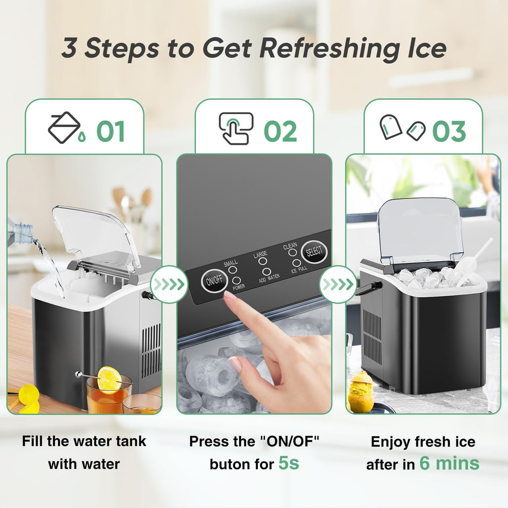 DUMOS Countertop Ice Maker with Handle, 26lbs/24H Portable Ice Machine | 9 Bullet Cubes Ready in 6 Mins, Self-Cleaning, Quiet Compact for Home, Kitchen, RV, Camping, Bright Black