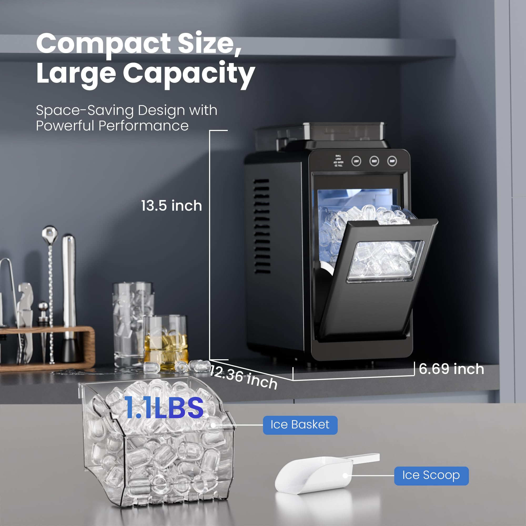 Electactic Ice Makers Countertop,26Lbs/24H,8Pcs in 6Mins,Portable Ice Maker Machine with Self-Cleaning,Interior Lighting,2 Sizes of Bullet Ice for Home/Office/Party(Black)