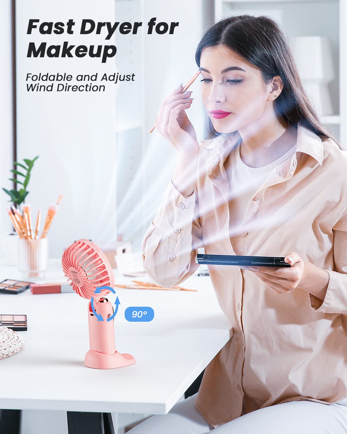 coldSky Portable Handheld Fan, 4000mAh Battery Operated with LED Display, Handheld/Neck/Desk 3 in 1 Personal Small Fan, 90° Foldable Desk Fan with Base, 5 Speed Lash Makeup Fan for Women