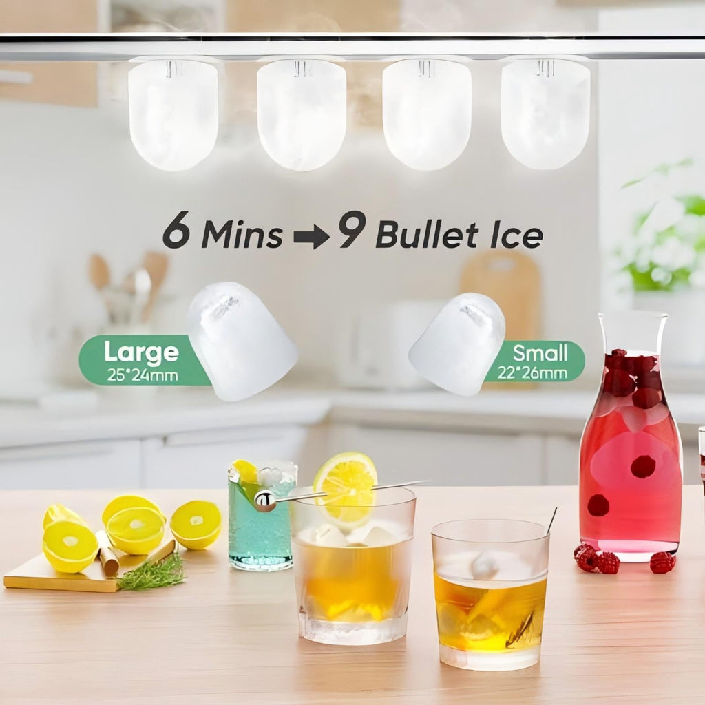 DUMOS Countertop Ice Maker with Handle, 26lbs/24H Portable Ice Machine | 9 Bullet Cubes Ready in 6 Mins, Self-Cleaning, Quiet Compact for Home, Kitchen, RV, Camping, Bright Black