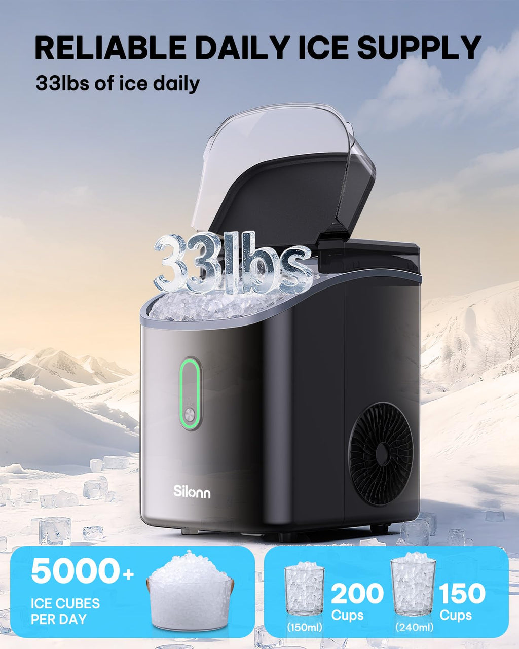 Silonn Nugget Ice Maker Countertop, Pellet Ice Machine with Self-Cleaning Function, Sonic Ice Maker Produces 36lbs of Chewable Ice in 24 Hours, Ideal for Home Kitchen and Office (Black)