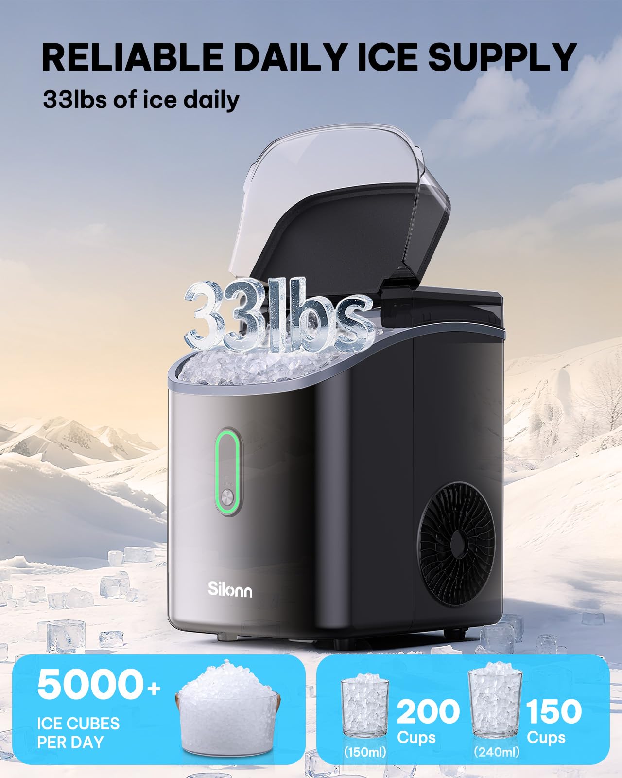 Silonn Nugget Ice Maker Countertop, Pellet Ice Machine with Self-Cleaning Function, Sonic Ice Maker Produces 36lbs of Chewable Ice in 24 Hours, Ideal for Home Kitchen and Office (Black)