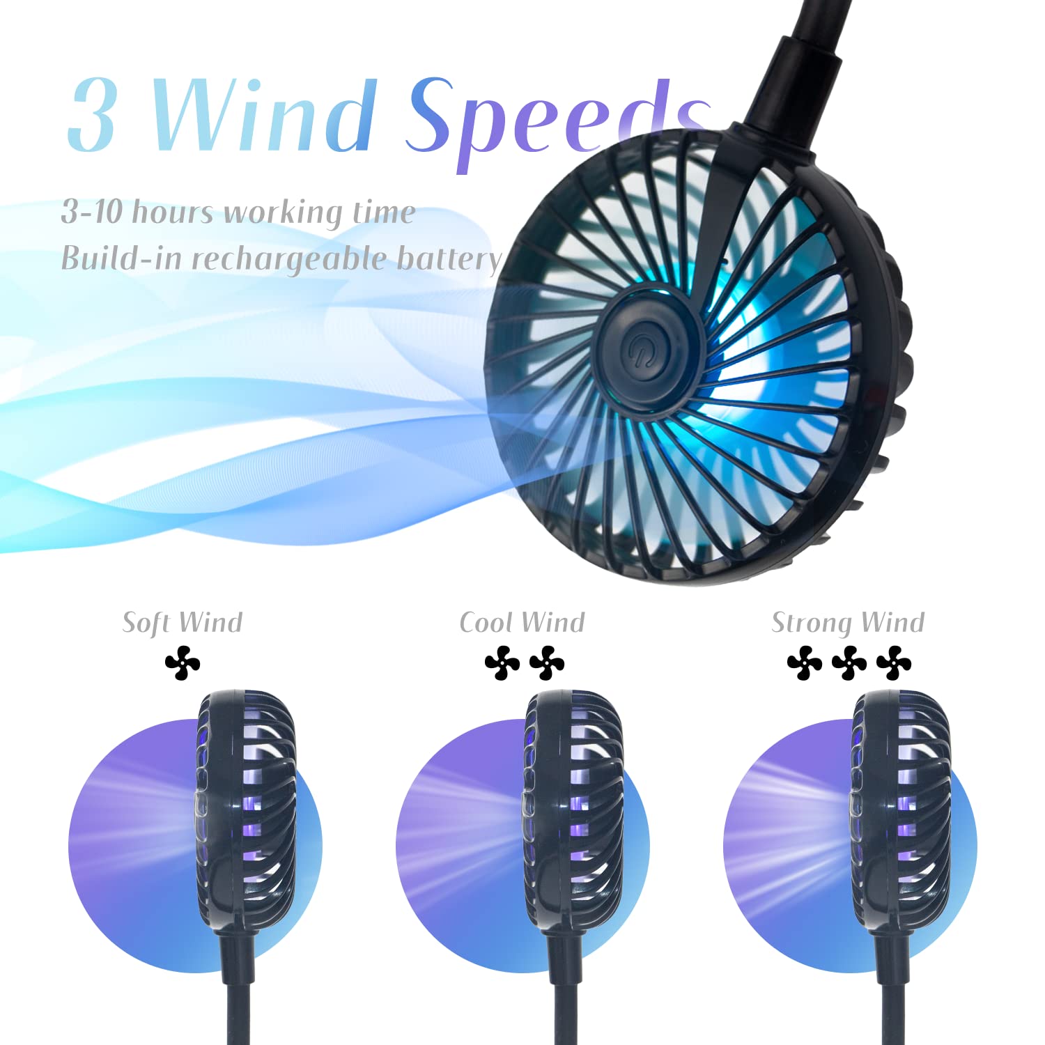 VAGAU Portable Neck Fan with Colorful LED Lights, 360 Rotation, Wearable Air Conditioner for Office Travel Sport, 3 Adjustable Speeds (Pink)