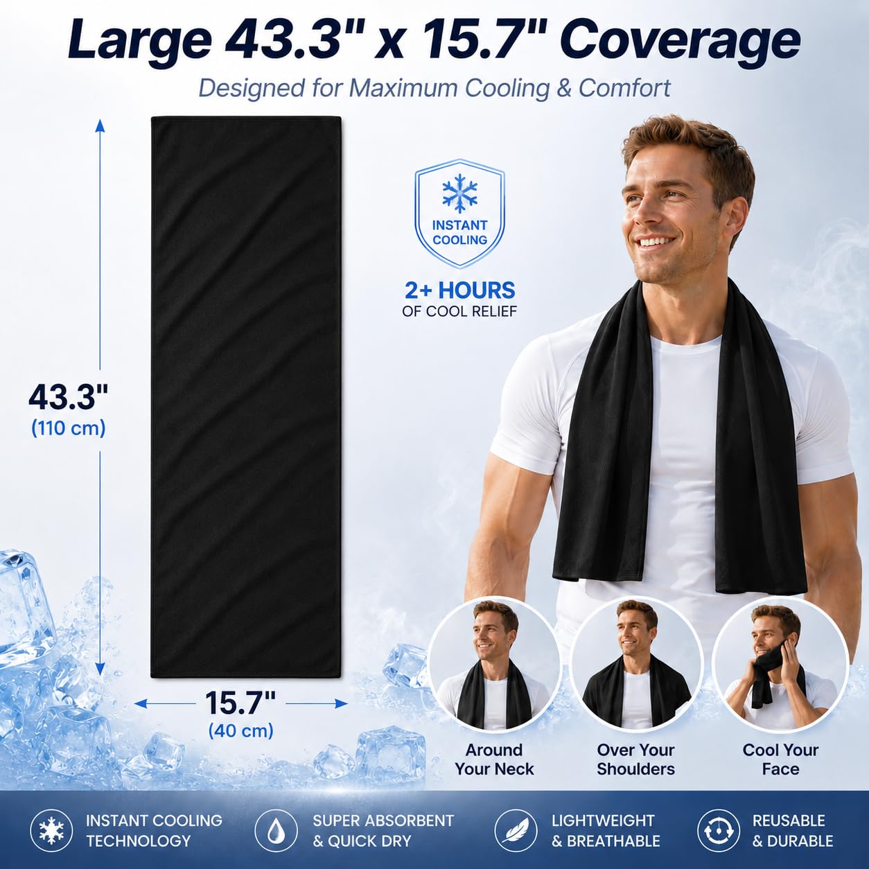 Cooling Towels 43.3" x 15.7" - Ice Towel, Sweat Towel, Cooling Towels for Neck & Face & Cooling Neck Wraps for Summer Heat - Neck Cooler for Quick Cool Down for Gym, Running, Golf, Yoga & Sports