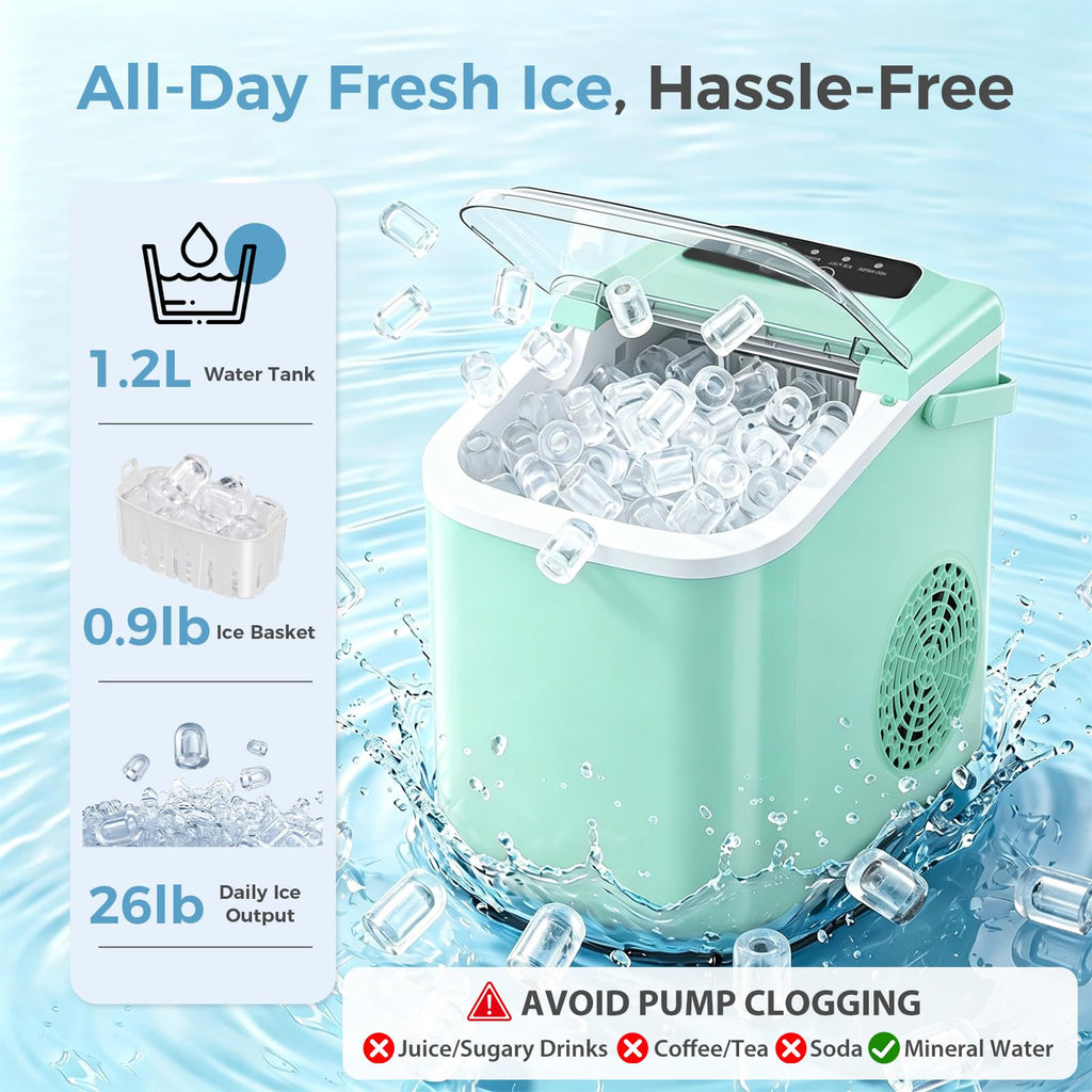 Countertop Ice Maker, Portable Ice Machine with Carry Handle Basket and Scoop, 9 Bullet Cubes Ready in 6 Mins, 26lbs Daily, Self-Cleaning for Home, Kitchen, Camping, RV