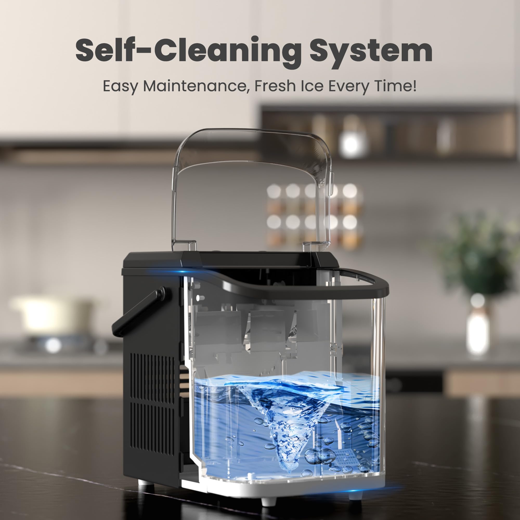 DUMOS Countertop Ice Maker with Handle, 26lbs/24H Portable Ice Machine | 9 Bullet Cubes Ready in 6 Mins, Self-Cleaning, Quiet Compact for Home, Kitchen, RV, Camping, Bright Black