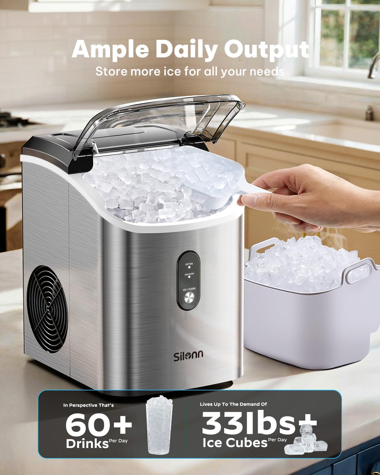 Silonn Nugget Ice Maker Countertop, Pellet Ice Machine with Self-Cleaning Function, Sonic Ice Maker Produces 36lbs of Chewable Ice in 24 Hours, Ideal for Home Kitchen and Office (Black)