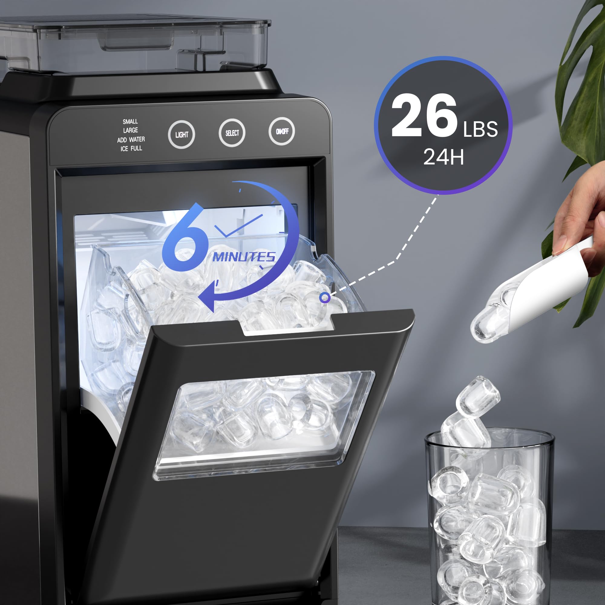 Electactic Ice Makers Countertop,26Lbs/24H,8Pcs in 6Mins,Portable Ice Maker Machine with Self-Cleaning,Interior Lighting,2 Sizes of Bullet Ice for Home/Office/Party(Black)