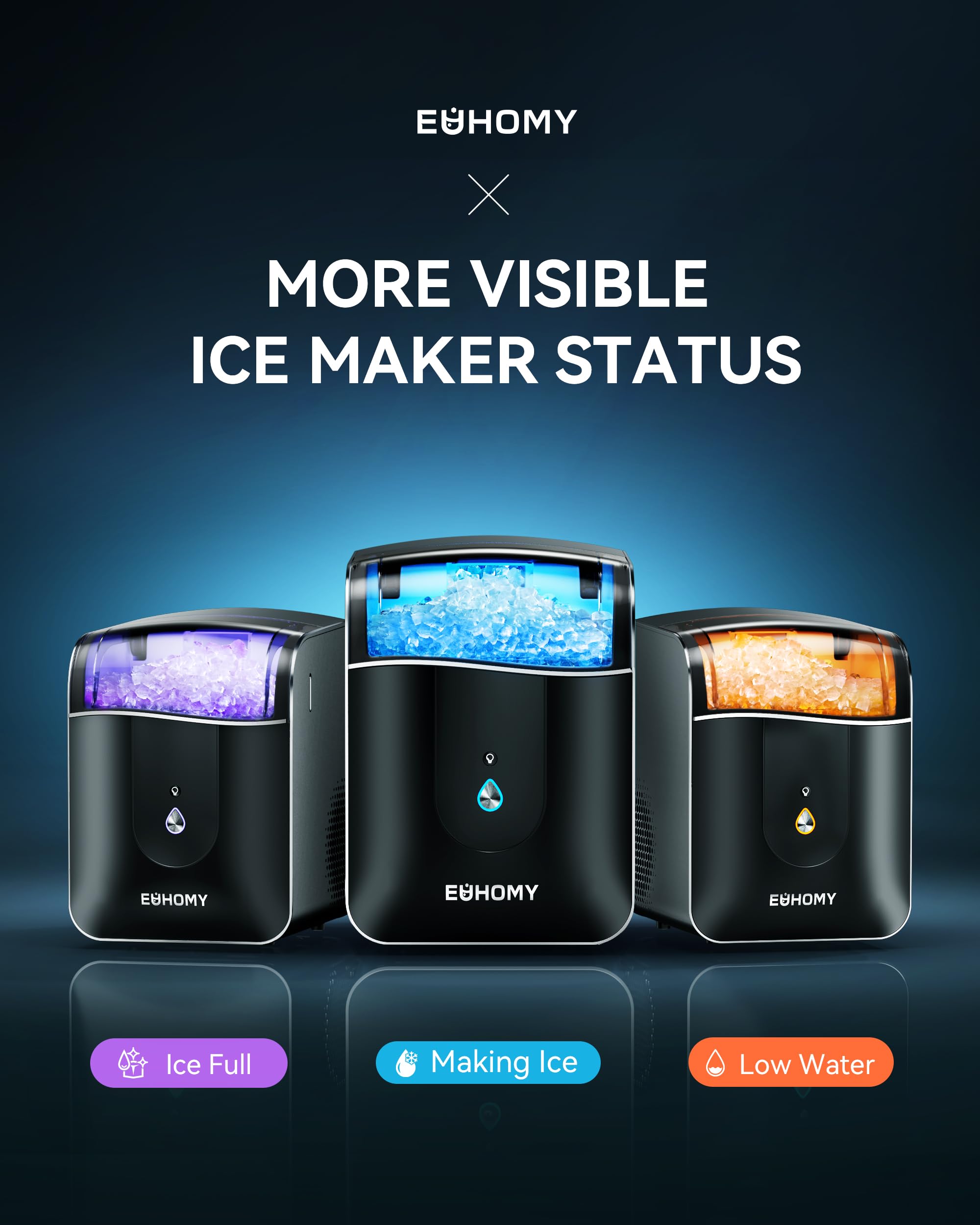EUHOMY Ice Maker Countertop with Carry Handle, 9 Cubes Ready in 6 Mins, 26.5lbs/24H, Self-Cleaning, 2 Sizes of Bullet Ice with Basket and Scoop, Portable Ice Maker Machine for Home, Kitchen, Office