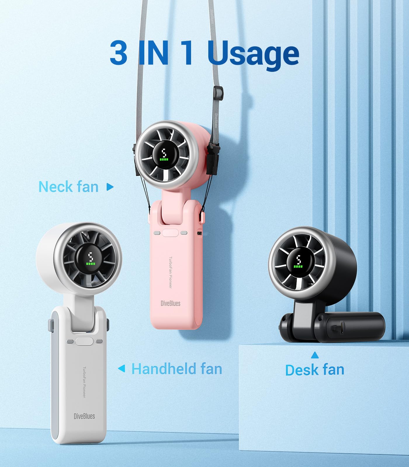 Diveblues Portable Handheld Turbo Fan | 3 IN 1 Hand/Neck/Desk Fan, Up to 12 Working Hours, 5 Gear Wind, Battery Operated, Travel, Working, Outdoor Activities