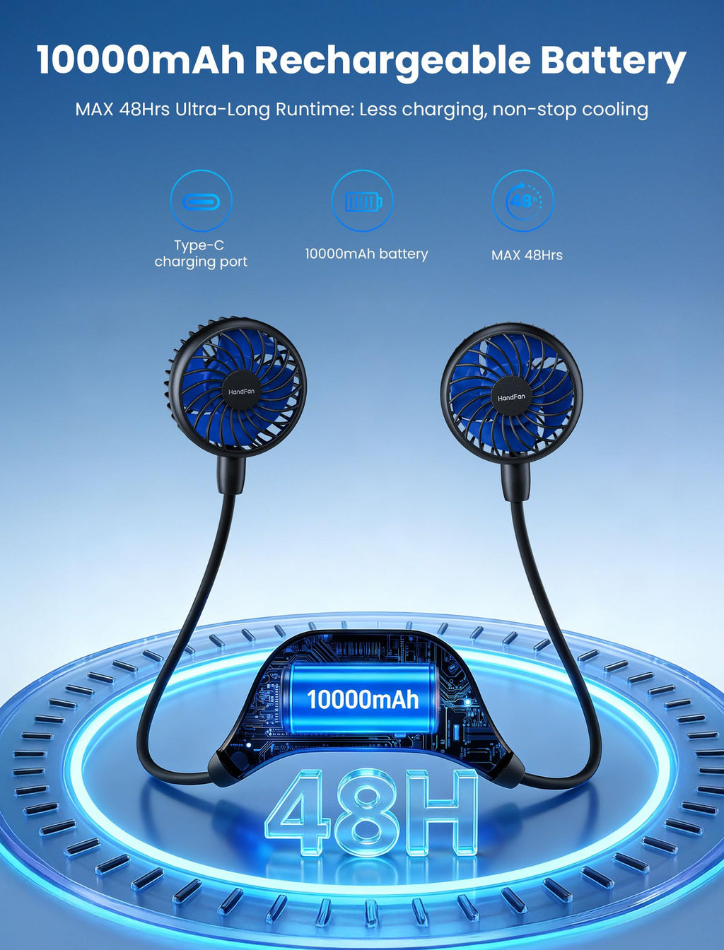 HandFan 10000mAh Neck Fan, 360° Rotation Hands Free Portable Fans for your Neck, 48h Lasting Rechargeable Battery Operated Wearable Necklace Personal Cool Fans for Travel/Disney/Sports/Cycling/Hiking