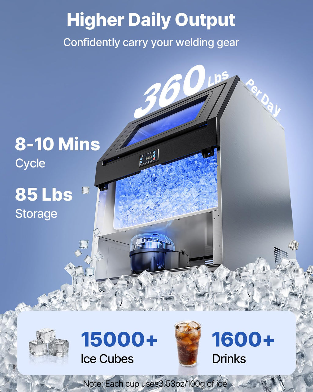 VEVOR Commercial Ice Maker Machine, 80 lbs/24h with 13 lbs Storage Capacity, Countertop/Freestanding/Under Counter, Stainless Steel Ice Maker with LED Display & Self-Cleaning, for Home Bar Restaurant