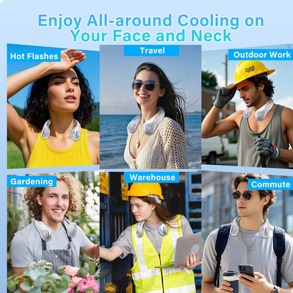 Portable Neck Fan Rechargeable, 5 Speeds, Lightweight, Long Lasting, Battery Operated All-Around Cooling Quiet Personal Fans for Travel Camping Cooling Essentials, Birthday Gifts for Women Men Mom Dad