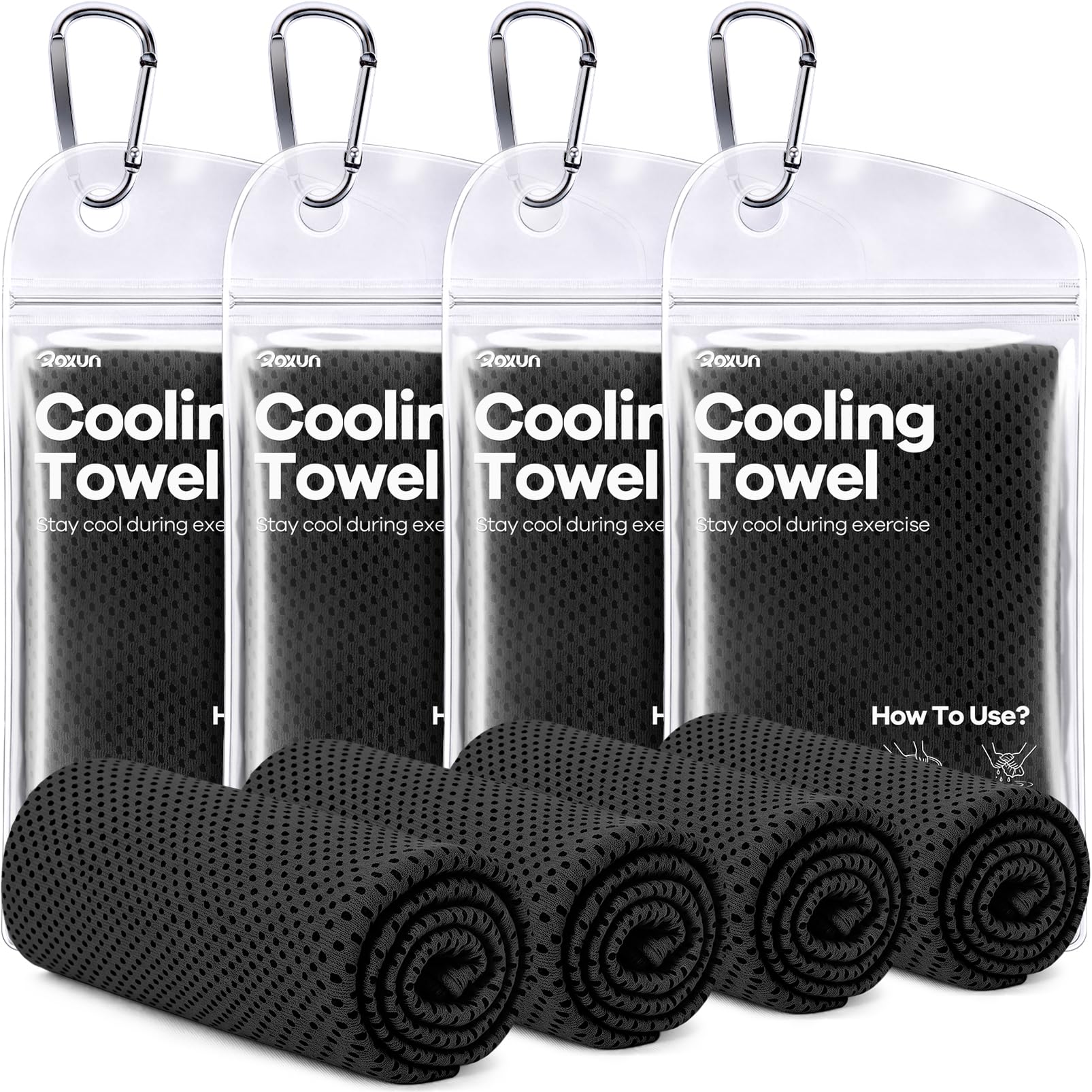 ROXUN Cooling Towels, 4 Pack (40''x12'') Chilly Ice Rags for Neck and Face | Gray+Blue+Green+Black, Soft Breathable, Sports and Outdoor Workouts, Comes with Storage Bags & Carabiners