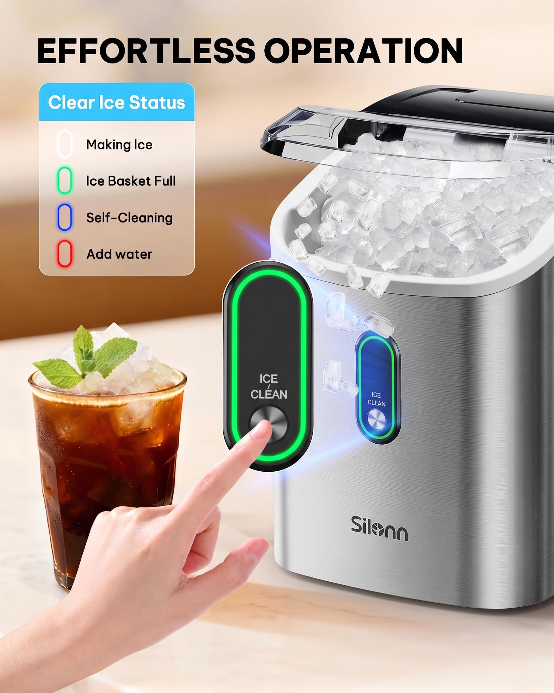 Silonn Nugget Ice Maker Countertop, Pellet Ice Machine with Self-Cleaning Function, Sonic Ice Maker Produces 36lbs of Chewable Ice in 24 Hours, Ideal for Home Kitchen and Office (Black)