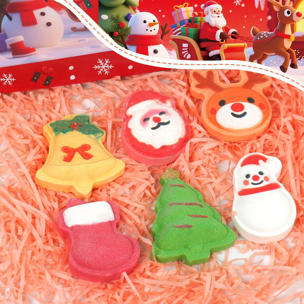 Christmas Bath Bombs for Kids, 6 Festive Shapes, Stocking Stuffer Gift Set | 6 Large Christmas Bath Bombs Offer a Fuller Soak with Colorful Fizz and Scents, Ideal Gifts for Kids and Stocking Stuffers