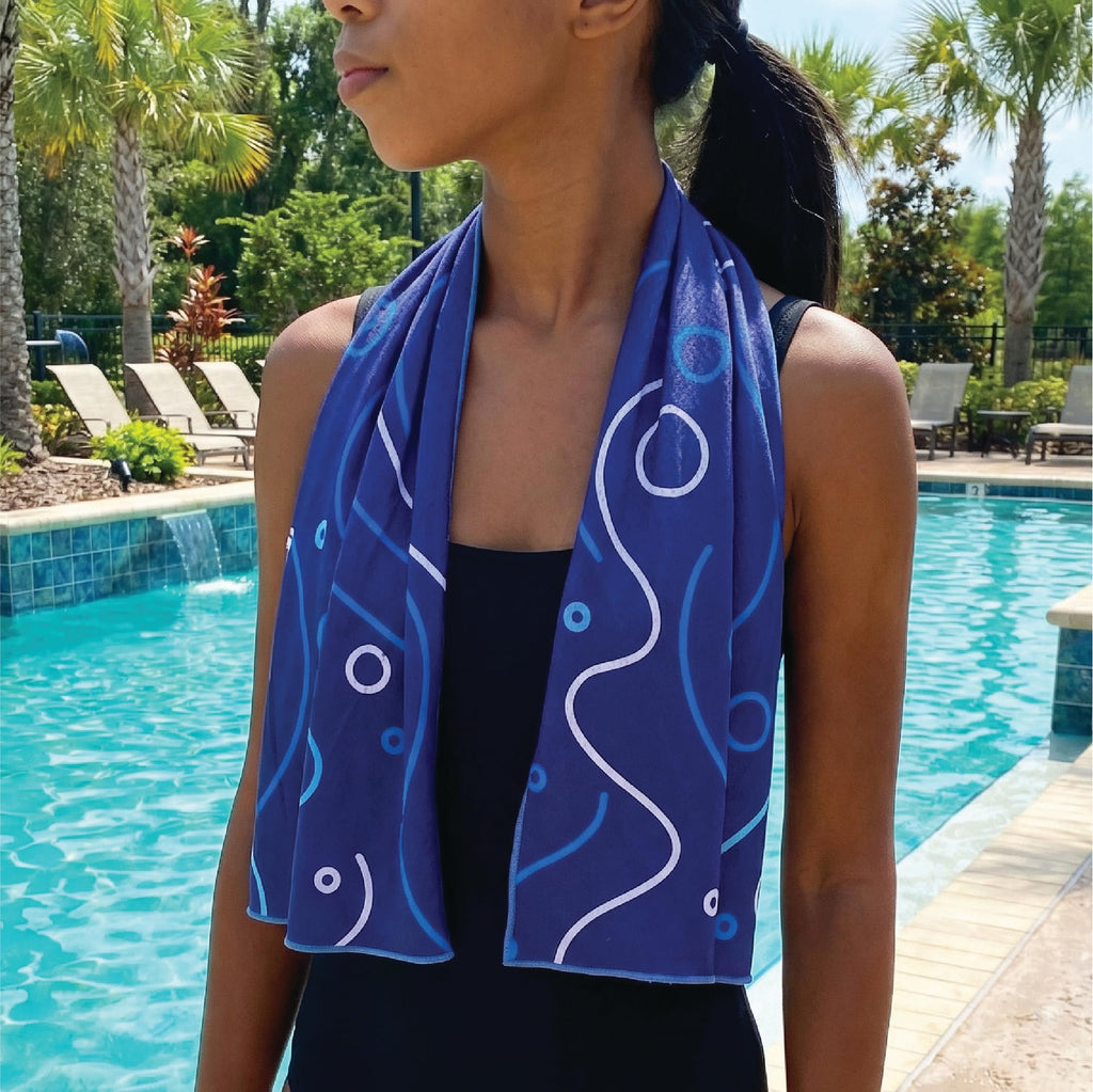 SHAKEitCOOL Extended Size Cooling Towel – Be Cool in Style - Heat Relief, Soft, Lightweight, Sun Protection, Easy Clean - Perfect for Biking, Hiking, Running, Yoga, Golf - Blue Purple Wave M