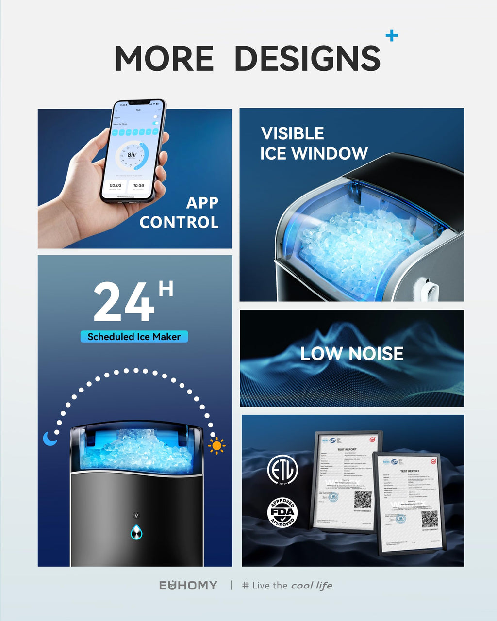 EUHOMY Ice Maker Countertop with Carry Handle, 9 Cubes Ready in 6 Mins, 26.5lbs/24H, Self-Cleaning, 2 Sizes of Bullet Ice with Basket and Scoop, Portable Ice Maker Machine for Home, Kitchen, Office