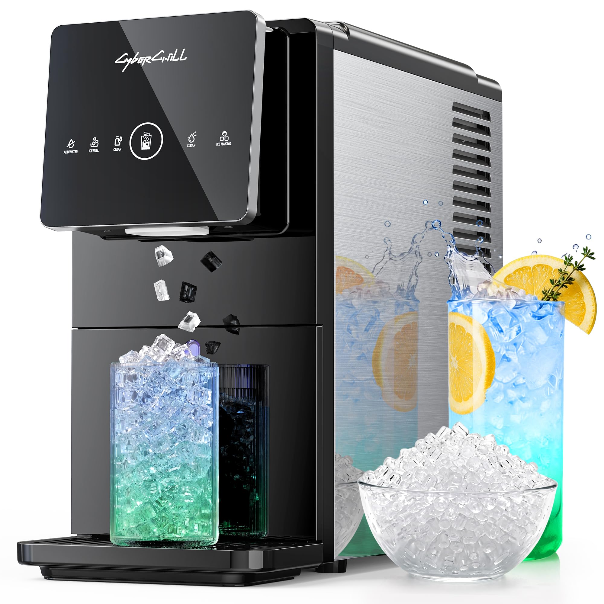 CyberChill Nugget Ice Maker Countertop 44lbs Per Day Pebble Sonic Ice Makers Machine Chewable Pellet Ice with Self-Cleaning Removable Water Tank See Through Window for Home/Kitchen/Office