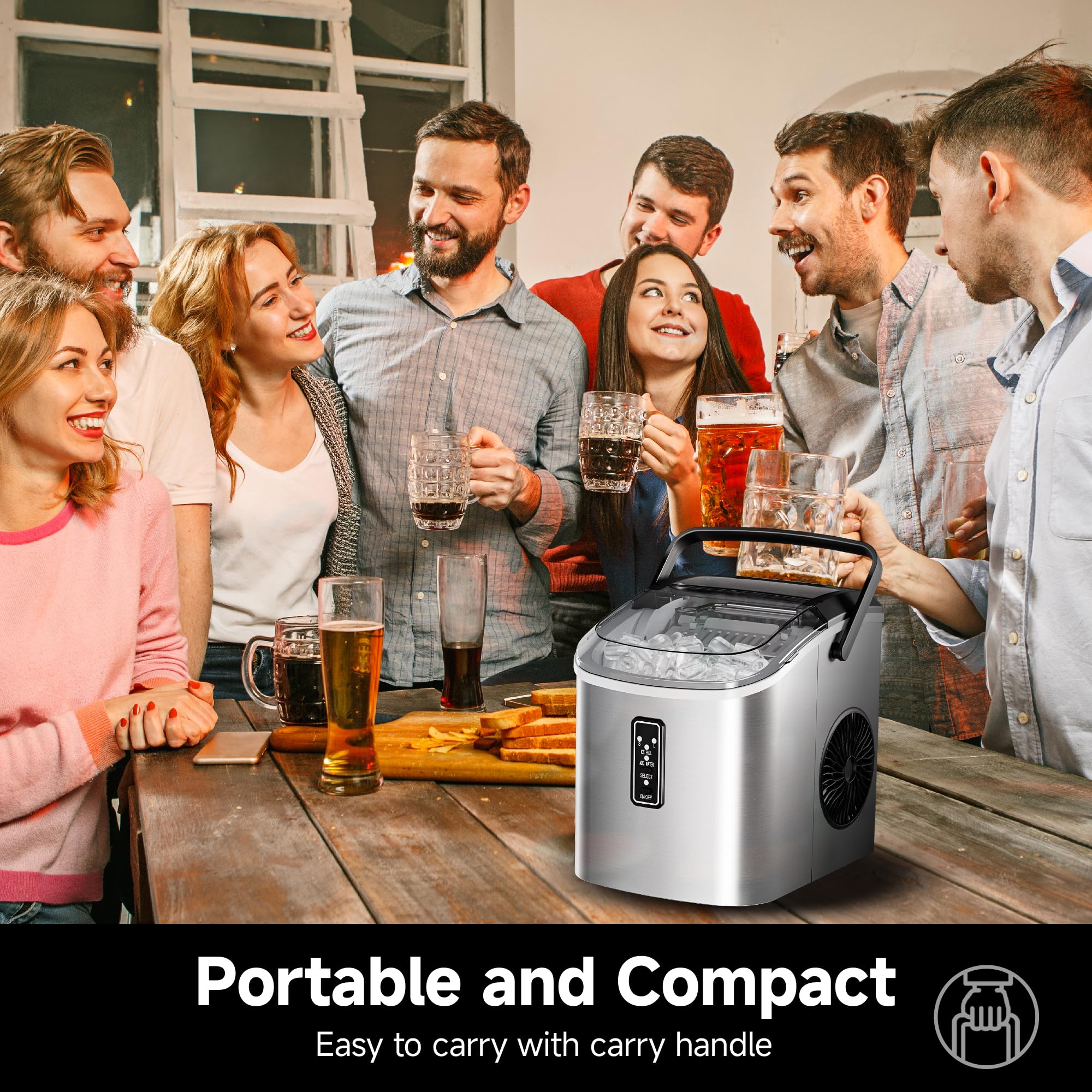 EUHOMY Ice Maker Countertop with Carry Handle, 9 Cubes Ready in 6 Mins, 26.5lbs/24H, Self-Cleaning, 2 Sizes of Bullet Ice with Basket and Scoop, Portable Ice Maker Machine for Home, Kitchen, Office