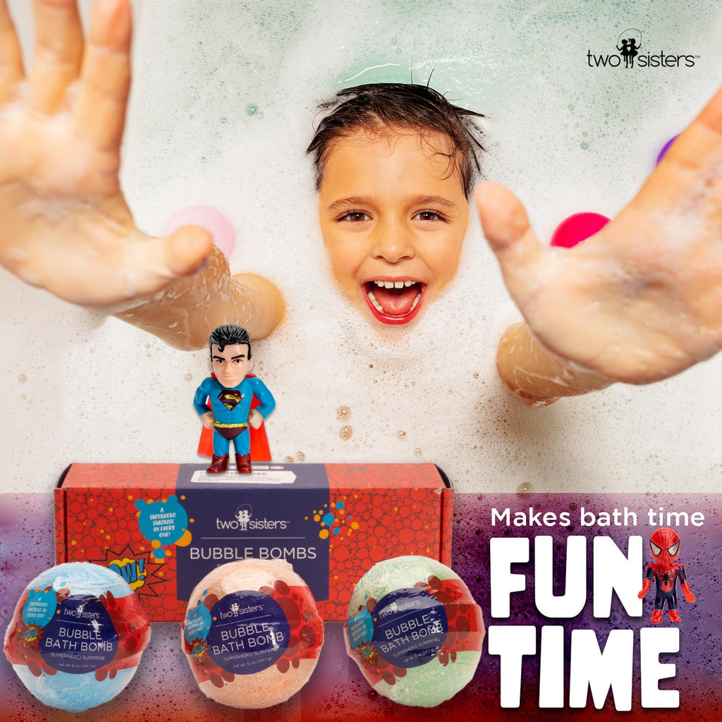 Superhero Bath Bombs for Kids & Boys with Surprise Hero Toys Inside (1 Pack) - Large Bubble Bath Bombs for Boys & Girls - Birthday Gift & Goodie Bags for Kids - Fruity Scent, USA Made by Two Sisters