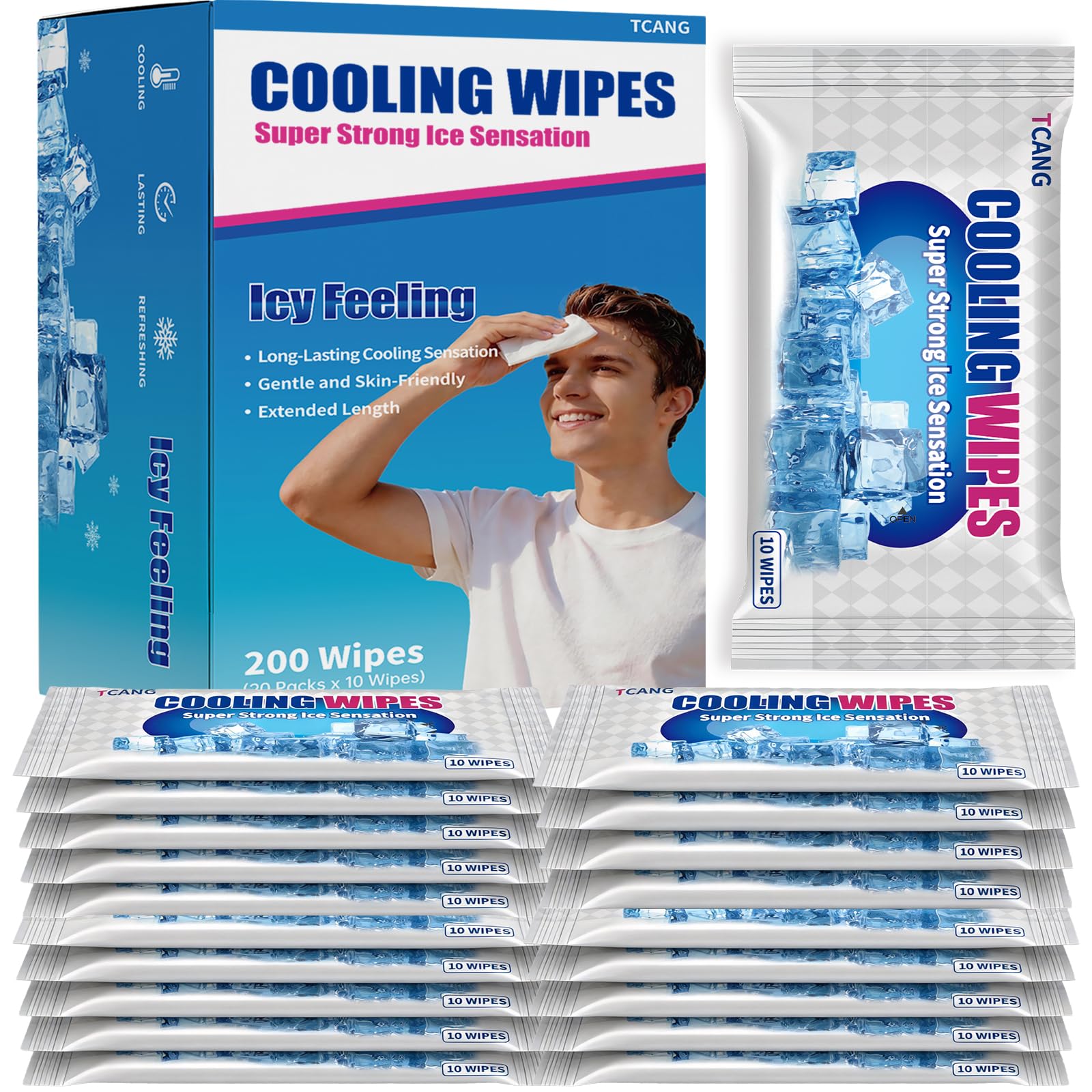 Cooling Face Body Wipes - 10 Packs of 10 (100 Wipes) - Disposable Individually Wrapped No-Rinse Cooling Towels, Extra-Thick Oversized Body Cleansing Wipes for Sports, Travel, Camping in Hot Weather