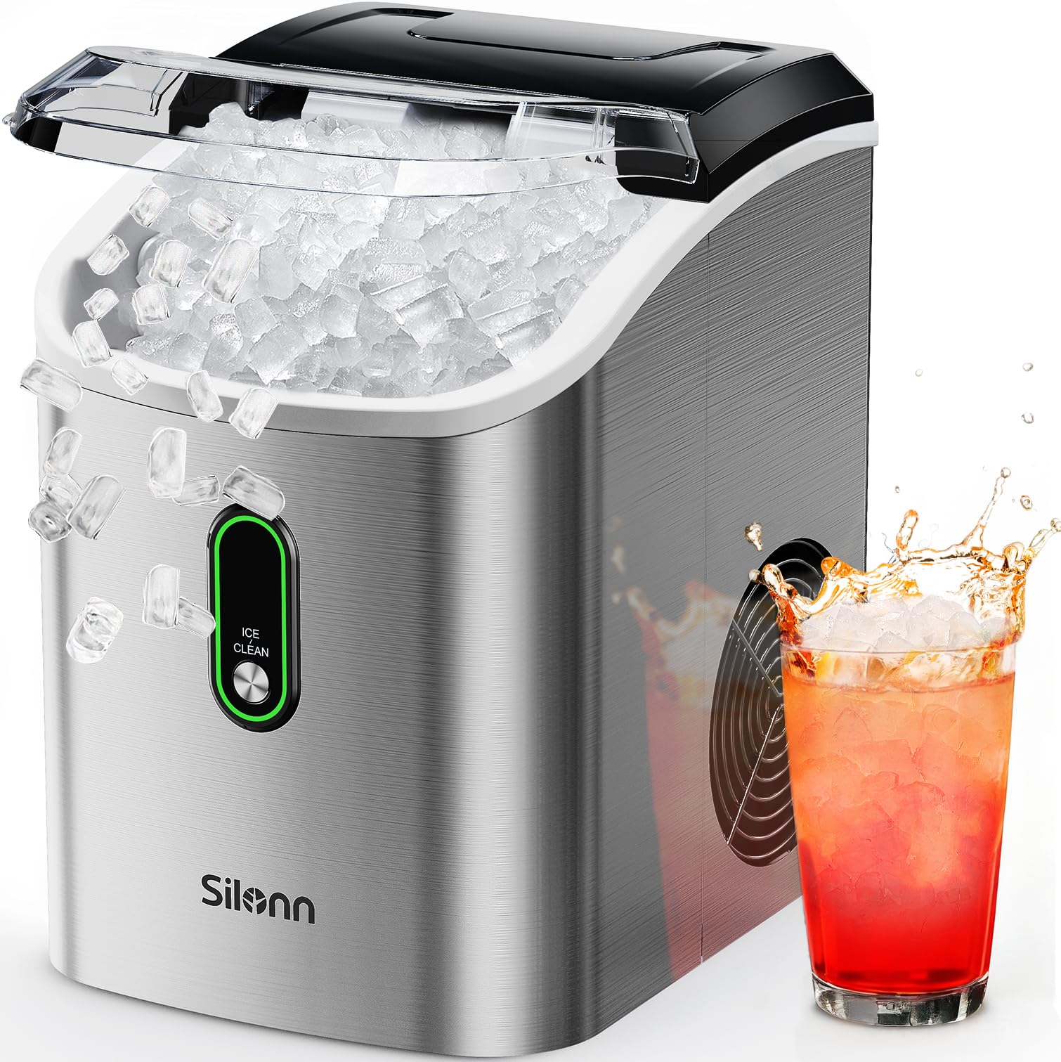 Silonn Nugget Ice Maker Countertop, Pellet Ice Machine with Self-Cleaning Function, Sonic Ice Maker Produces 36lbs of Chewable Ice in 24 Hours, Ideal for Home Kitchen and Office (Black)