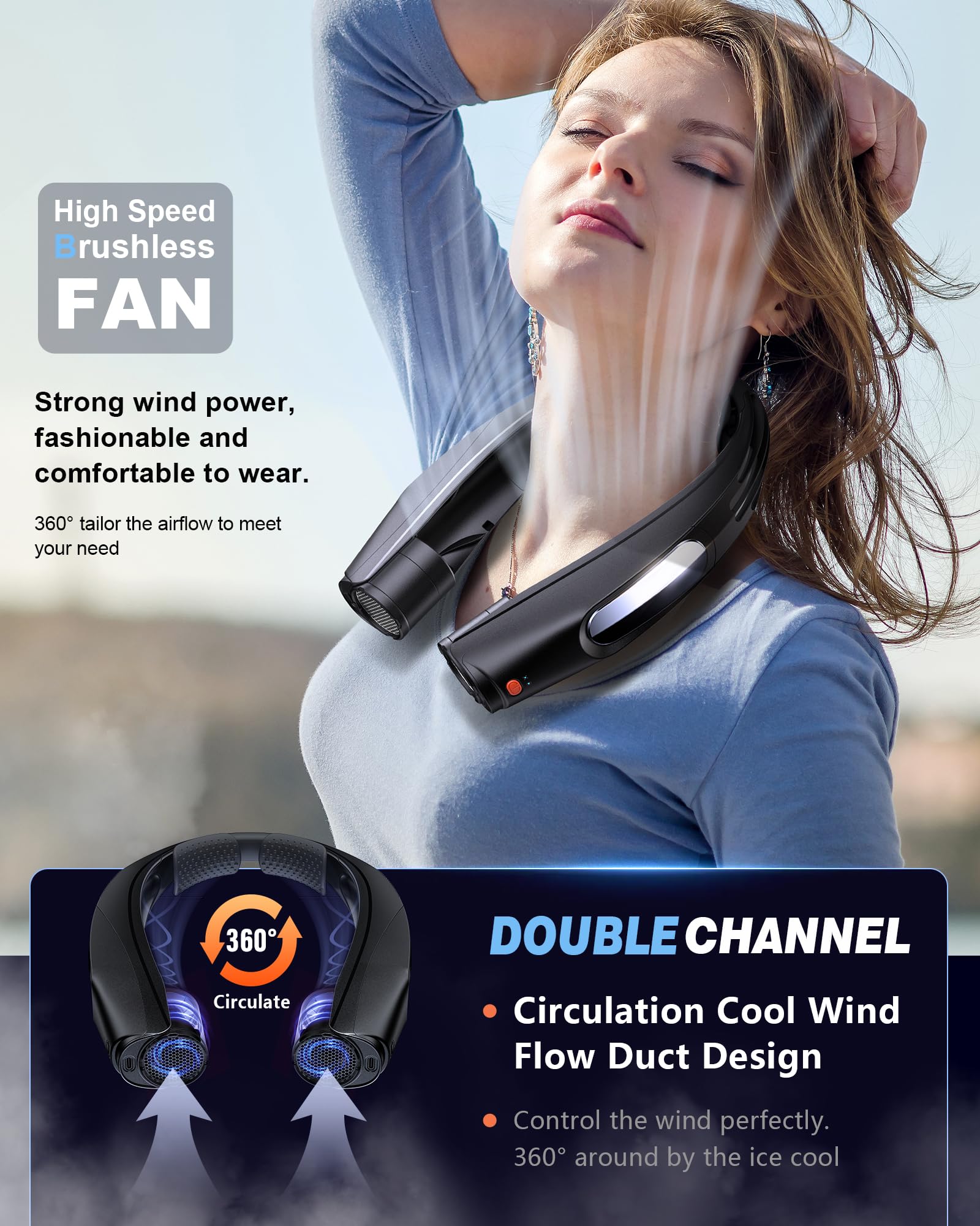 ZEEFO Portable Neck Fan, Hands Free Personal Fan- 6000mAh Battery Operated, USB Rechargeable Fan with 6 Adjustable Speeds, Cooling Wearable Fan for Home, Office, Outdoor, Trave-White