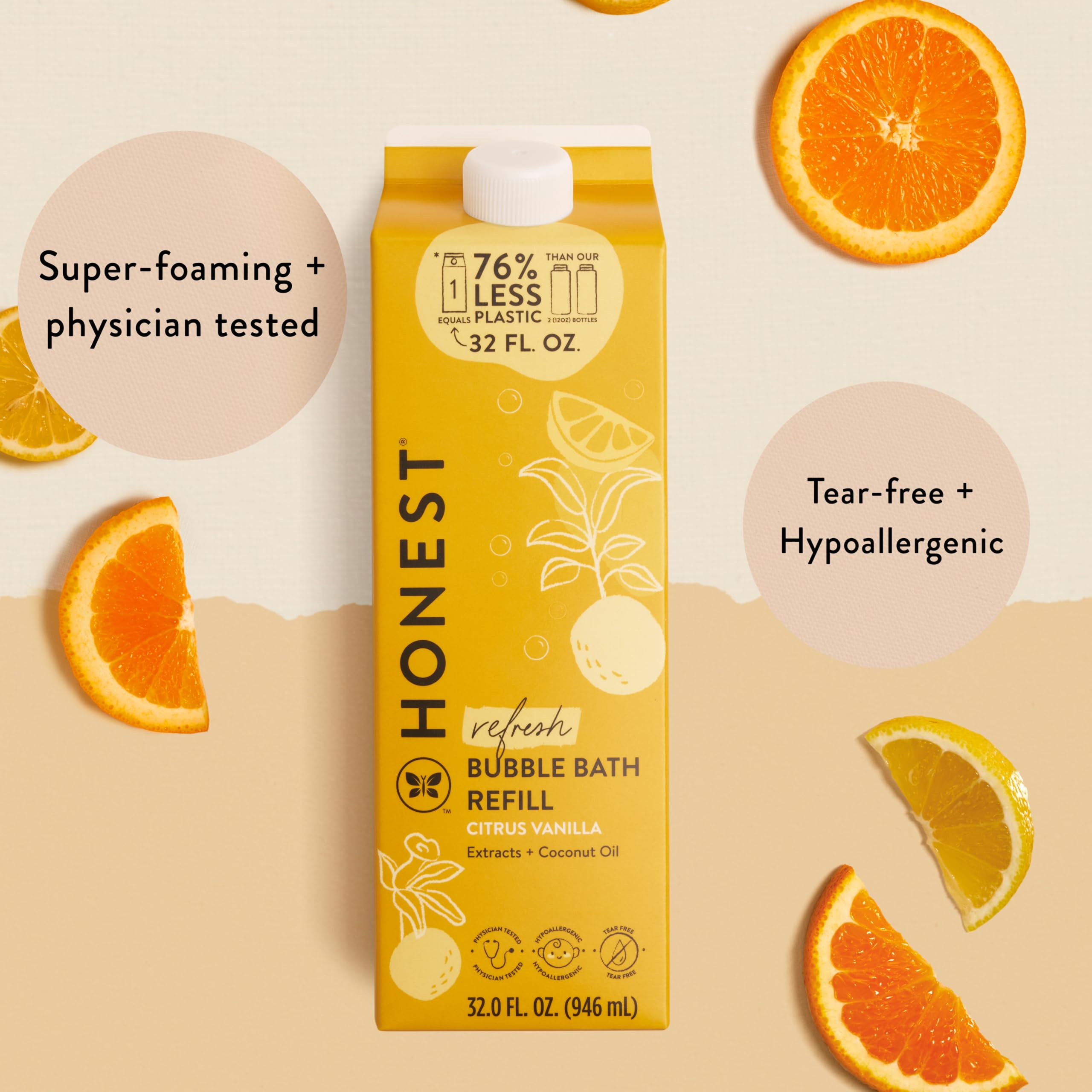 The Honest Company Foaming Bubble Bath, Naturally Derived, Tear-free, Hypoallergenic, Citrus Vanilla Refresh, 12 fl oz