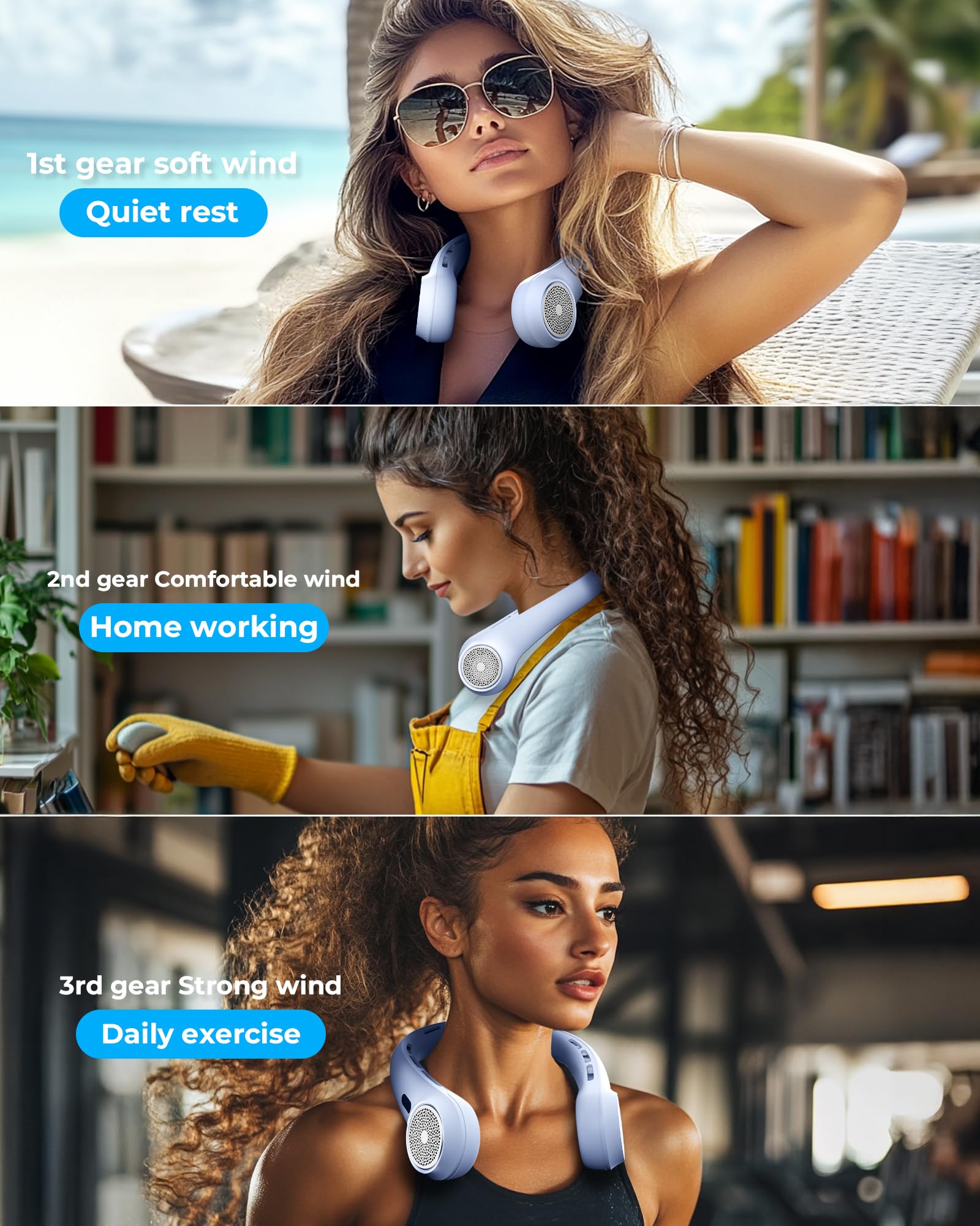 Neck Fan with 4000mAh Rechargeable Battery & LED Display, Portable Personal Cooler for Women/Men, 3-Speed Bladeless 360° Cooling Fans, Stylish Gift for Gym/Travel/Office, White
