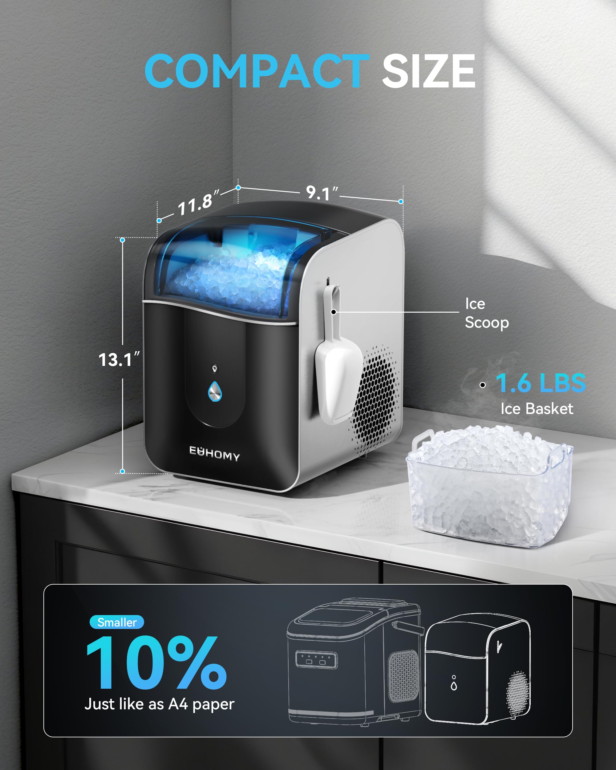 EUHOMY Ice Maker Countertop with Carry Handle, 9 Cubes Ready in 6 Mins, 26.5lbs/24H, Self-Cleaning, 2 Sizes of Bullet Ice with Basket and Scoop, Portable Ice Maker Machine for Home, Kitchen, Office