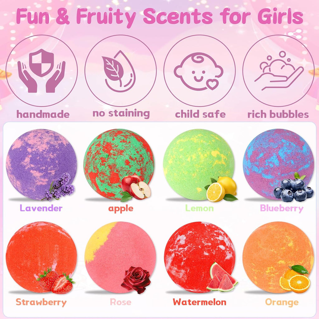Bath Bombs for Kids with Toys Inside, 8-Pack Gift Set - Extra Large Fizzing Bath Bombs for Girls with Surprise Bracelet, Bubble Bath, Birthday Gifts for 3 4 5 6 7 8 Year Old Girl(Package May Vary)
