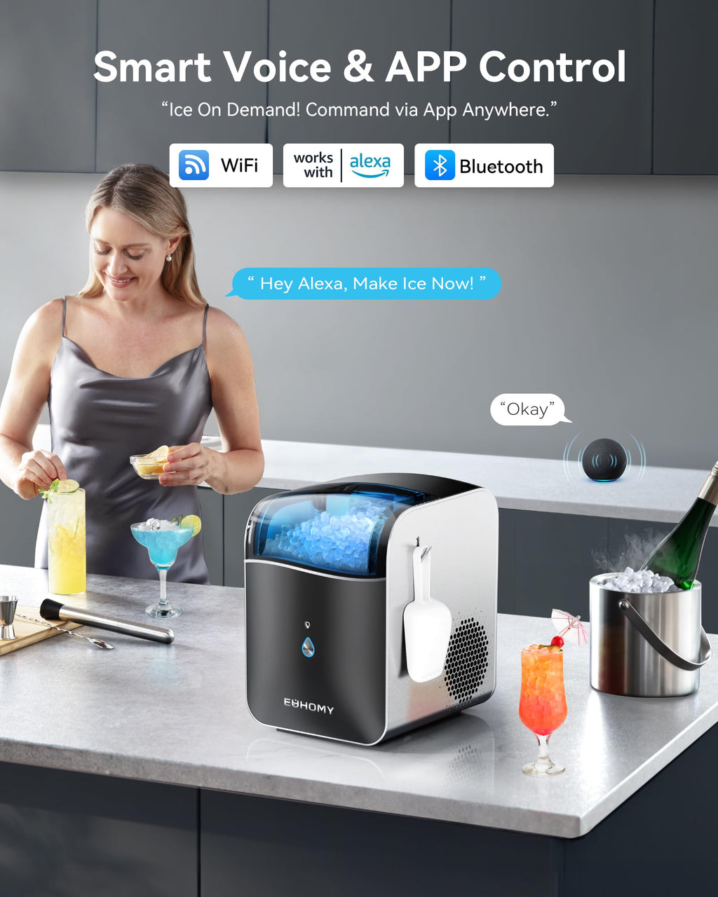 EUHOMY Ice Maker Countertop with Carry Handle, 9 Cubes Ready in 6 Mins, 26.5lbs/24H, Self-Cleaning, 2 Sizes of Bullet Ice with Basket and Scoop, Portable Ice Maker Machine for Home, Kitchen, Office