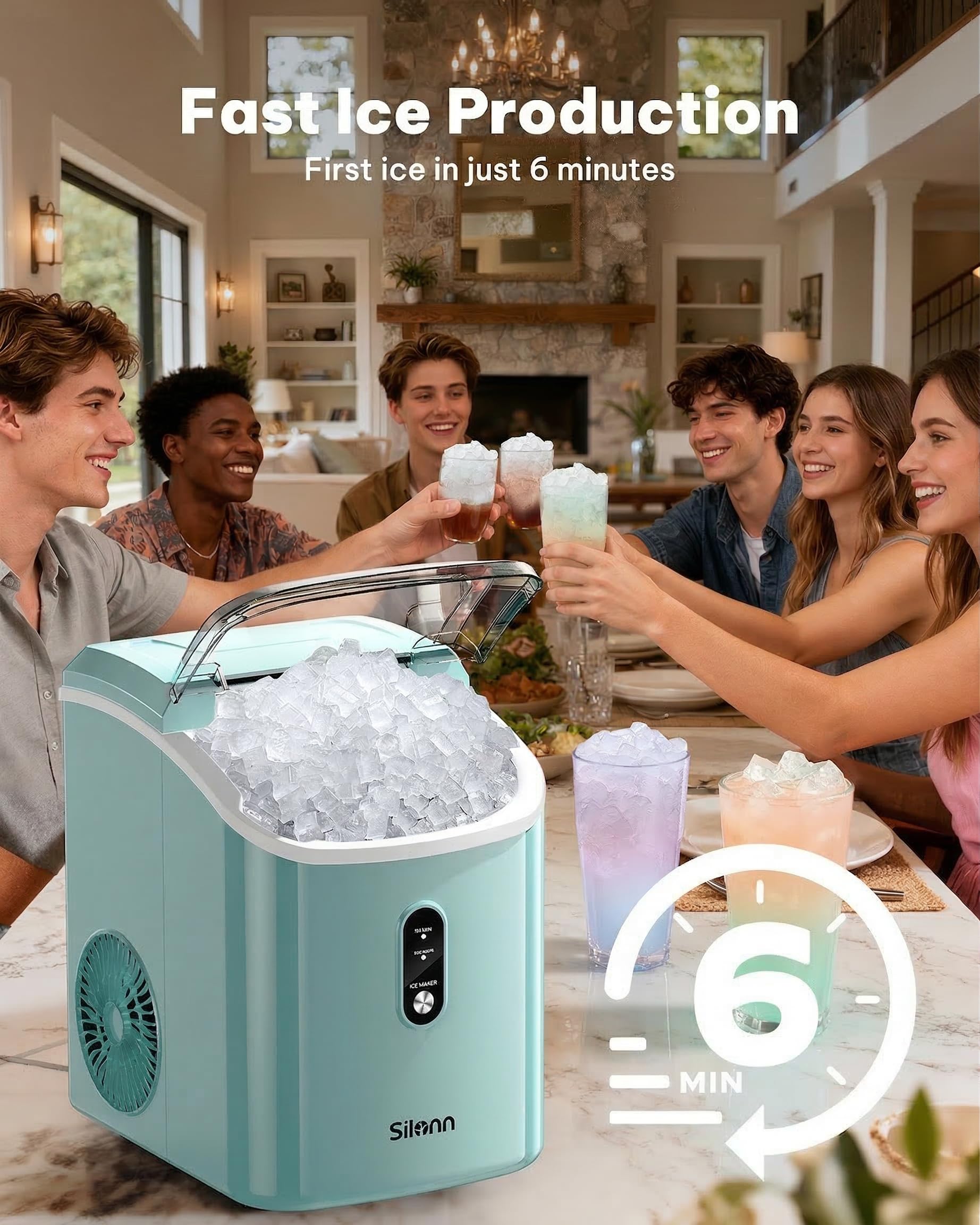 Silonn Nugget Ice Maker Countertop, Pellet Ice Machine with Self-Cleaning Function, Sonic Ice Maker Produces 36lbs of Chewable Ice in 24 Hours, Ideal for Home Kitchen and Office (Black)