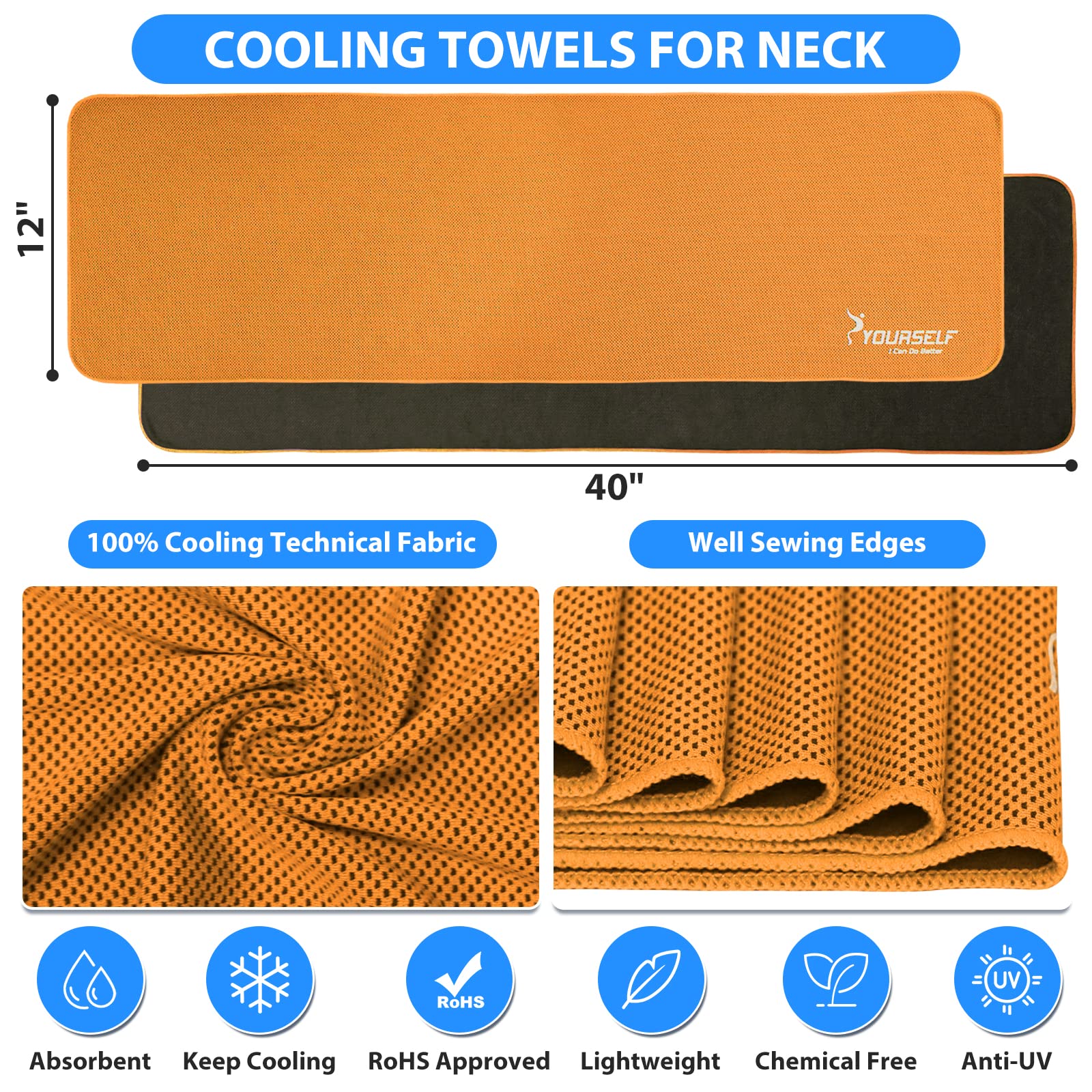 SYOURSELF Cooling Towel, Cooling Towels for Neck,40" x 12"Ice Towel for Instant Cooling Relief, Soft Breathable Chilly Towel, Perfect Yoga, Golf, Sports, Gym, Workout, Athletes Towel (1PC-Orange)