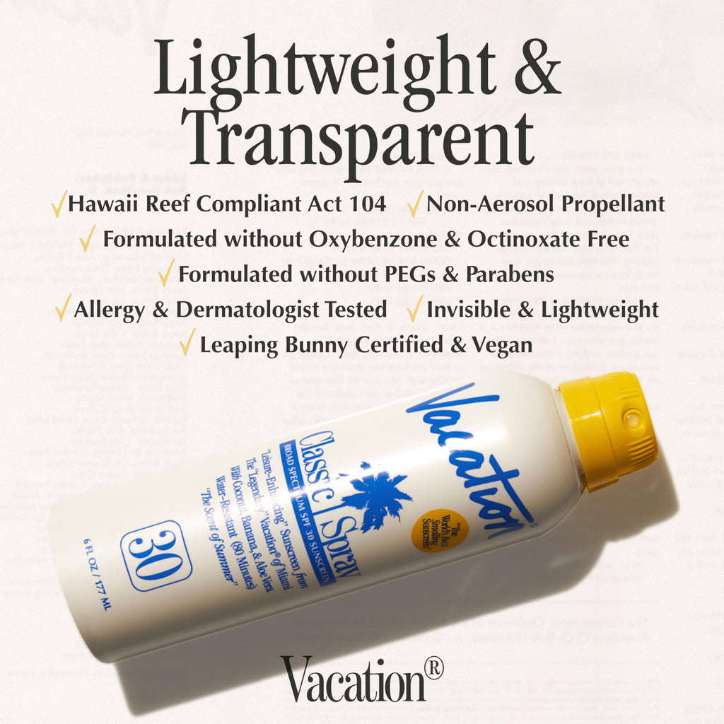 Vacation Classic SPF 50 Sunscreen Spray, 6 Fluid Ounces, Pack of 3 - Broad Spectrum, Lightweight, Transparent on All Skin Tones, Water-Resistant, Vegan, Dermatologist-Tested