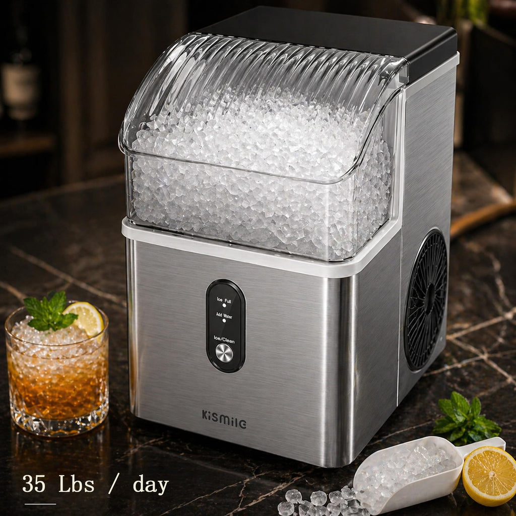 Kismile Nugget Ice Maker Countertop, Sonic Ice Maker with 35Lbs/24H, First Ice in 7 Mins, 1.2L Water Tank, Ice Basket Holds 2.2Lbs, Self-Cleaning Pebble Ice Machine for Home Kitchen Office Bar(Silver)