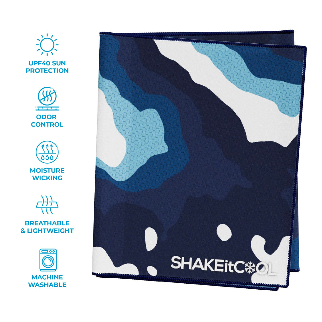 SHAKEitCOOL Extended Size Cooling Towel – Be Cool in Style - Heat Relief, Soft, Lightweight, Sun Protection, Easy Clean - Perfect for Biking, Hiking, Running, Yoga, Golf - Blue Purple Wave M