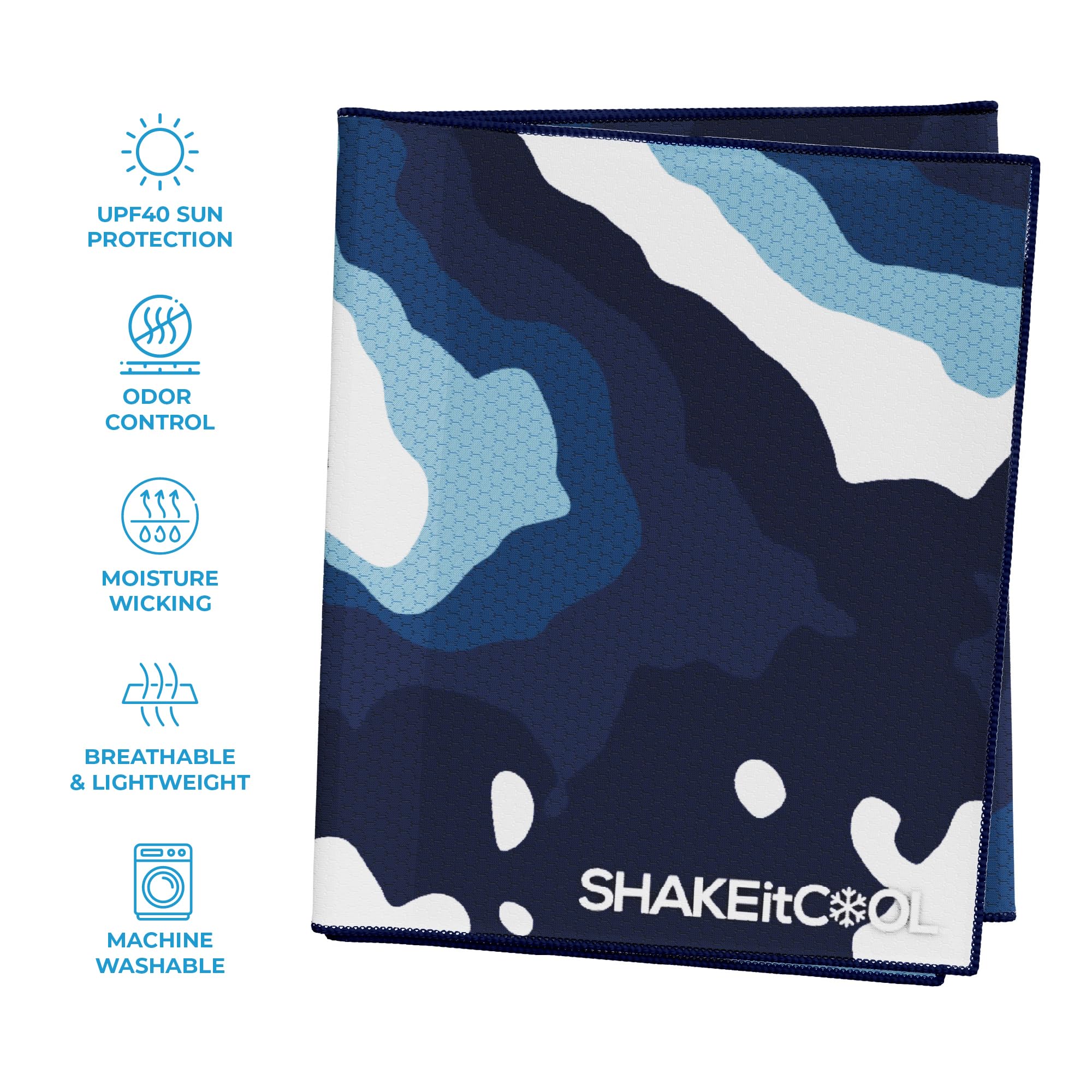 SHAKEitCOOL Extended Size Cooling Towel – Be Cool in Style - Heat Relief, Soft, Lightweight, Sun Protection, Easy Clean - Perfect for Biking, Hiking, Running, Yoga, Golf - Blue Purple Wave M