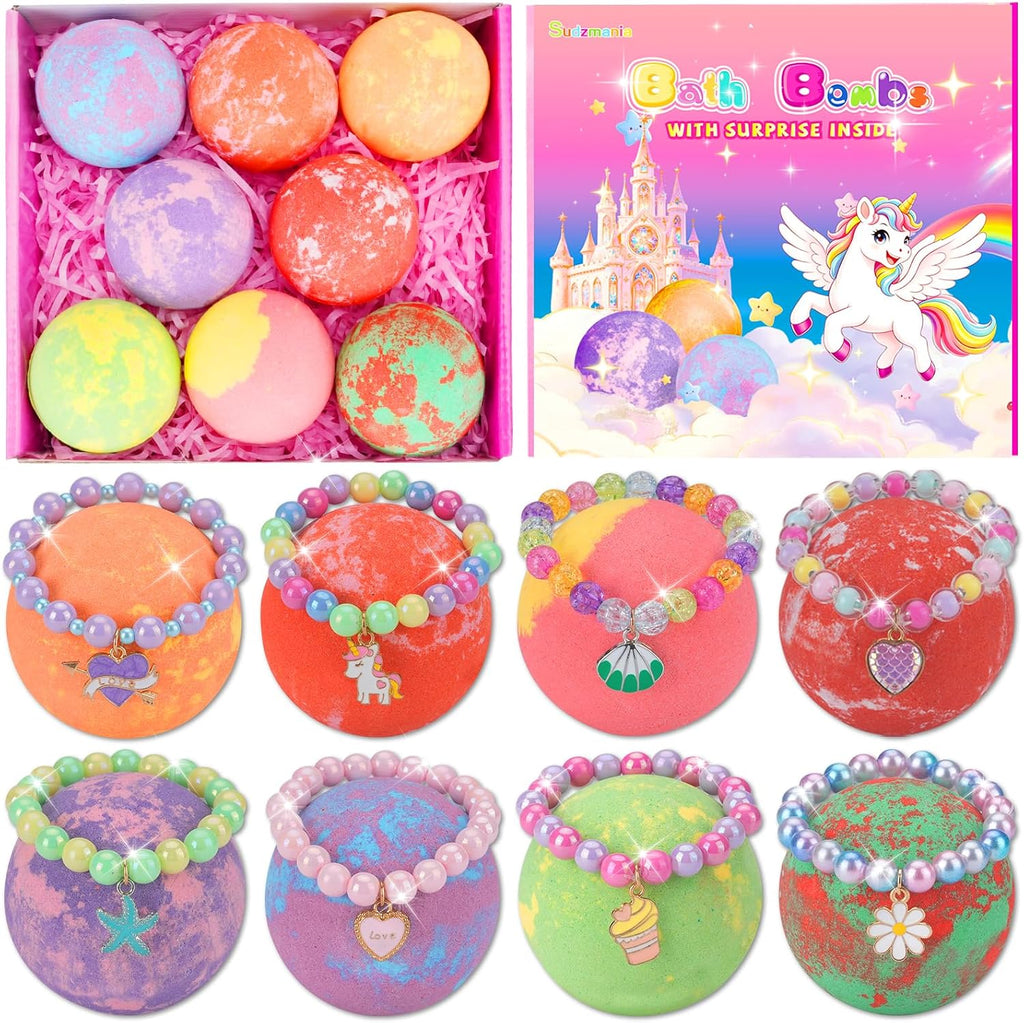 Bath Bombs for Kids with Toys Inside, 8-Pack Gift Set - Extra Large Fizzing Bath Bombs for Girls with Surprise Bracelet, Bubble Bath, Birthday Gifts for 3 4 5 6 7 8 Year Old Girl(Package May Vary)