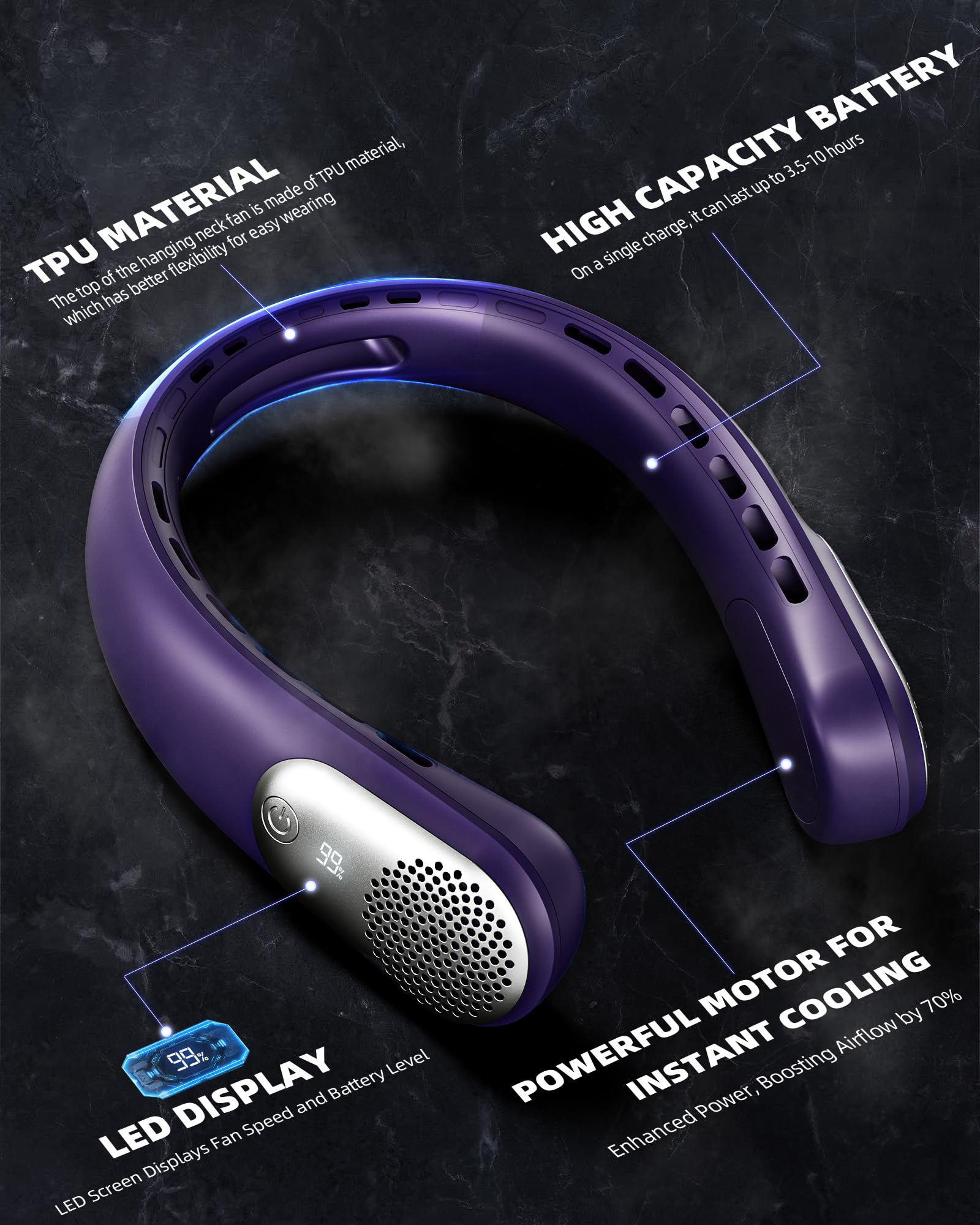 Neck Fan, Portable 4000 mAh Battery Operated Personal Fan with LED Display, 3 Wind Speed, Fast Cooling, Fast Cooling,USB Rechargeable Fan for Women Outdoor Purple