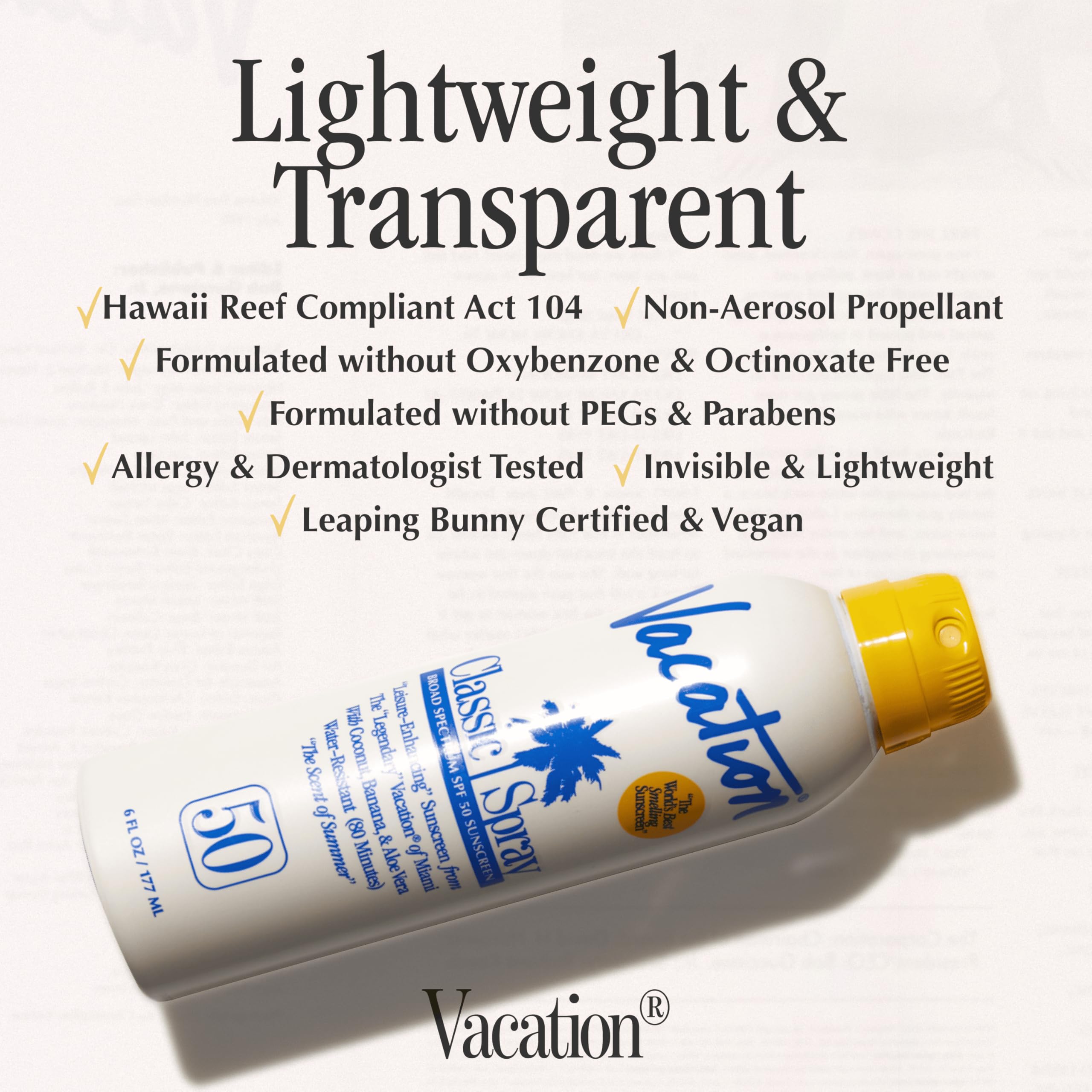 Vacation Classic SPF 50 Sunscreen Spray, 6 Fluid Ounces, Pack of 3 - Broad Spectrum, Lightweight, Transparent on All Skin Tones, Water-Resistant, Vegan, Dermatologist-Tested